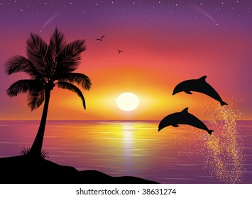 Silhouette of two dolphins jumping out of water in the ocean and silhouette of palm tree in the foreground. Beautiful Sunset and stars at the seaside in the background.