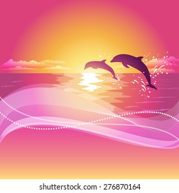 Silhouette of two dolphins at sunset. Abstract background with space for your text. Eps10