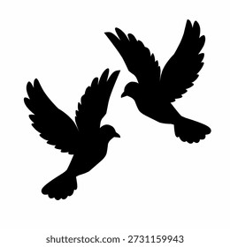 Silhouette of two doves flying together, symbol of peace, love, and freedom. Black bird vector illustration isolated on white background.