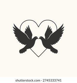 Silhouette of Two Doves Kissing within a Heart Shape Symbolizing Love and Peace