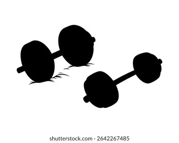 Silhouette of Two Dumbbells on Grass, graphic silhouette vector  of two dumbbells resting on grass. workout, sport, silhouette, black and white, monochrome, vector, graphic, design, logo, dumbbell, ba