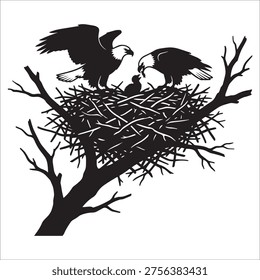 Silhouette of two eagles perched on a large nest made of interwoven branches atop a tree.