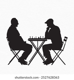 Silhouette of two elderly men playing chess at a round table, deeply engaged in a thoughtful game. A minimalist depiction of strategy and concentration.