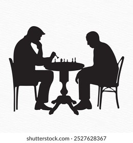 Silhueta de dois homens idosos jogando xadrez em uma mesa redonda, profundamente envolvidos em um jogo pensativo. Uma descrição minimalista da estratégia e concentração.