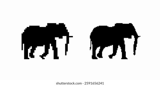 Silhouette of two elephants walking close together. both feature large ears and noticeable trunks.