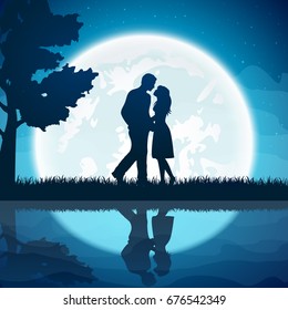 Silhouette of two enamored with Moon on the night sky background, illustration. 