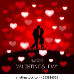 Silhouette of two enamored on red Valentines background with hearts, illustration.