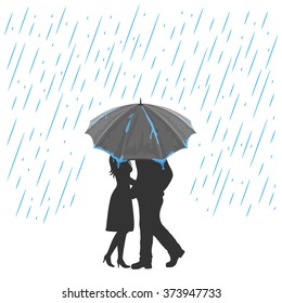 Silhouette of two enamored with umbrella under the rain, illustration.