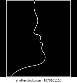 A silhouette of two faces kissing on black background. Minimalist illustration. One line drawing.