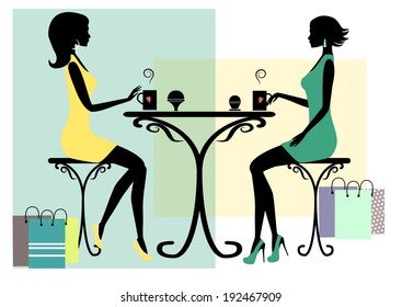 Silhouette of two fashionable shopping women, vector illustration.