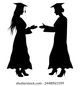 Silhouette of two female graduates students shake hands on white background. Vector illustration