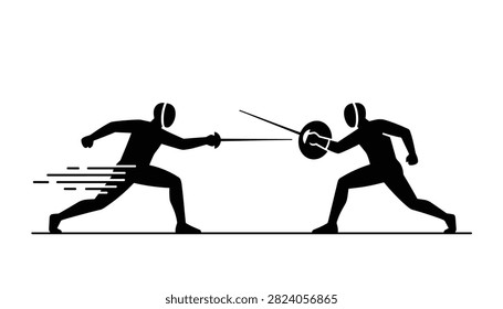 Silhouette of two fencers engaging in a dynamic sword fight with fencing swords and shields on a white background.