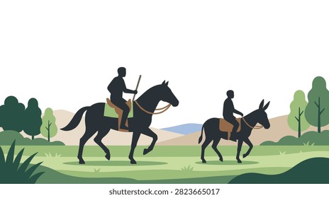 silhouette of two figures traveling on horse and donkey through rural valley with hills and green trees flat vector illustration of ancient travel.