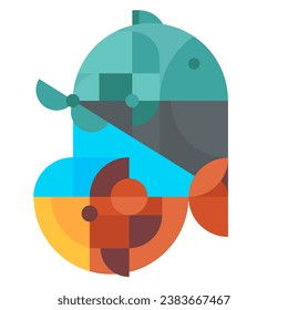 Silhouette two fish in abstract geometric style. Modern fashion vector illustration. Set creative minimal composition. Bright design element in bauhaus trendy concept art.