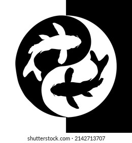 Silhouette of two fish swim in a ying and yang symbol for the concept of flowing in harmony with the environment. Vector illustration.