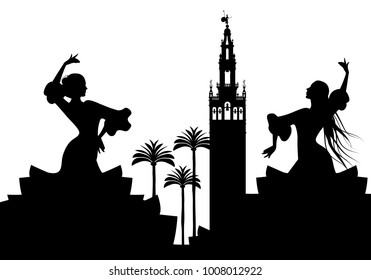 Silhouette of two flamenco dancers, palm trees and monuments in Seville. (The Giralda)