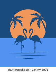 Silhouette de dos flamencos en el agua sobre el fondo de la puesta de sol. Ilustración vectorial plana