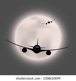 Silhouette of two flying planes on the background of a full bright moon disk.