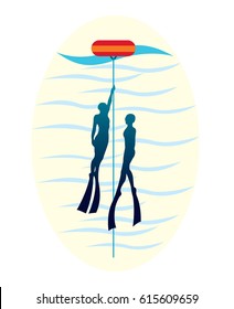 Silhouette of two free divers with rope and red buoy. Underwater sport logo.