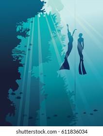 Silhouette of two free divers and wall with coral reef on a blue ocean background. Underwater vector illustration. Marine life.