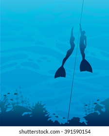 Silhouette of two freedivers in monofin and coral reef on a blue sea background. Underwater vector illustration. 