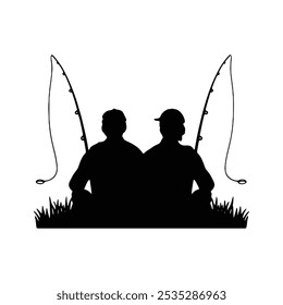 Silhouette of two friends seated back-to-back with fishing rods, sharing a peaceful fishing experience.