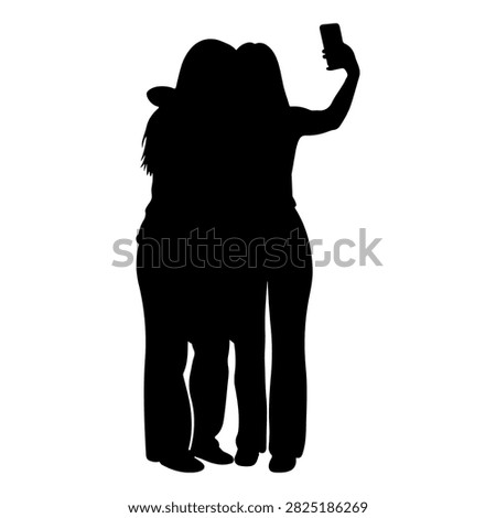 Silhouette of two friends standing close together, taking a selfie with a smartphone, capturing a moment of friendship and fun.