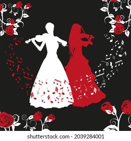 Silhouette of two girls playing the violin, and around the flying musical notes in red and white tones. With the addition of flowers on a black background.