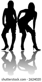 Silhouette of two girls with reflection on a white background