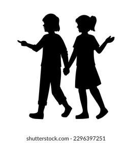 
silhouette of two girls walking hand in hand.