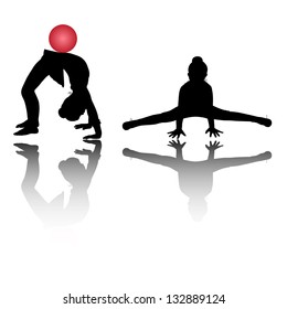 Silhouette of two girls, who is engaged in gymnastics