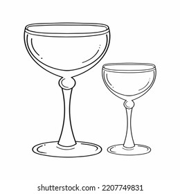 Silhouette de dos vasos para bebidas alcohólicas. Dibujo lineal sobre un fondo blanco. Ilustración vectorial.Símbolo de parcelas con vajilla frágil; productos de vidrio; pegatinas en una tienda o barra