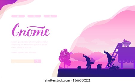 Silhouette of two gnomes stealing peak. Dwarf climbs up to table using ladder to take fruit. Fairy tale characters, elfs on nature violet background. Vector template for children projects. Copy space