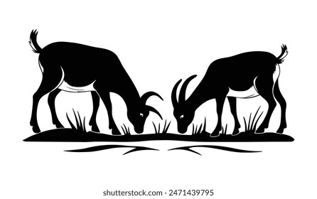 Silueta de dos cabras comiendo hierba en el campo. Es un archivo de Ilustración vectorial.