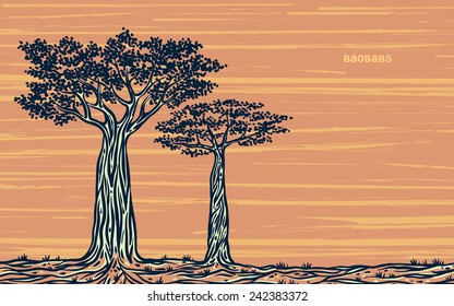 Silueta de dos baobabs gráficos sobre fondo amarillo. Esbozo vectorial de Madagascar.