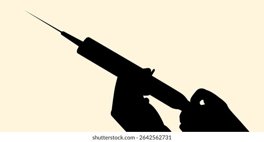 Silhouette of two hand holding syringe ready to inject. Icon of healthcare symbol injection. Vector illustration.	