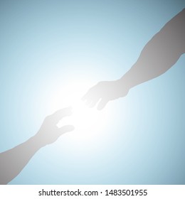 Silhouette of two hand reaching out across a fiery blue plasma ball. Vector illustration. 