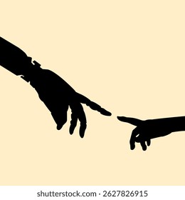 Silhouette eines zweihändigen Roboter und menschlichen Fingerpunkt. Ikone des Schatten-Zwei-Hand-Konzepts. Vektorgrafik.