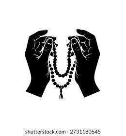 Uma silhueta de duas mãos unidas, segurando uma corda de contas de oração, simbolizando fé e devoção.