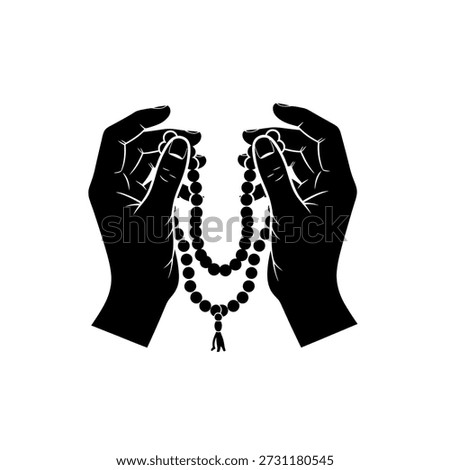 A silhouette of two hands clasped together, holding a string of prayer beads, symbolizing faith and devotion.