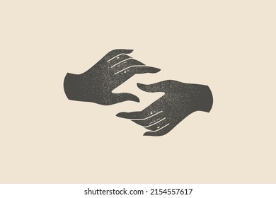 Silhouette of two hands drawn with a stamp effect. Silhouette vector illustration on a light isolated background. Design elements for shop, market, packaging, labels, and logo. 