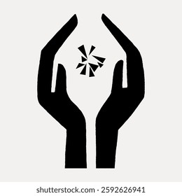 Silhouette of two hands holding a geometric shape. Hands are positioned symmetrically. Minimalist design with black hands and abstract shape on a white background. Vintage illustration, vector.