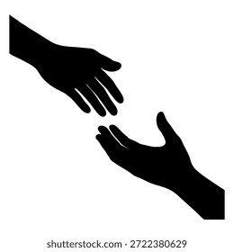 Silhouette of Two Hands Reaching Out for Connection, Help, and Support on White Background.