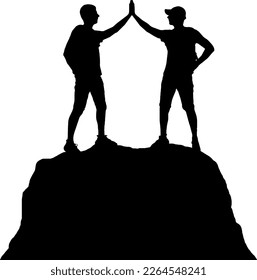 Silhouette of two happy climber conquered the top. Vector Silhouette. Concept of teamwork and mutual assistance