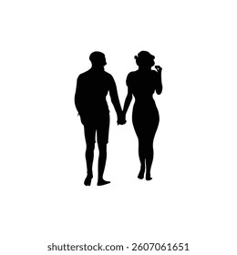 Silhouette of Two Happy Friends Walking Together