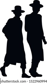 Silhouette of two Hasidic Jews walking. Religious Jew in a traditional costume. The man in the hat. Isolated vector illustration black and white color.