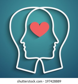 SIlhouette of two heads with heart symbol, vector eps10