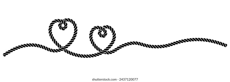 silhouette Two hearts rope continuous line art.double heart couple icon isolated on white background	