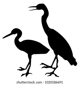 Silhouette. Two herons. The heron stands. Vector isolated illustration. Black and white.