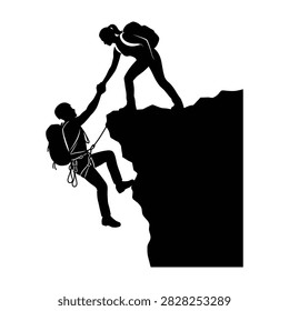Silhouette of two hikers assisting each other on steep rocky mountain cliff face